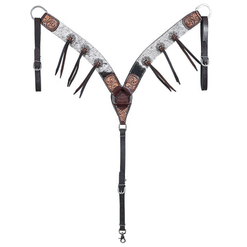 Hilason Horse Hand Carved American Hair On Leather Breast Collar Headstall Brown